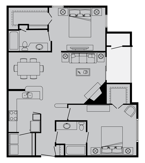 Floor plan for 2 beds, 2 baths, 1085 sqft